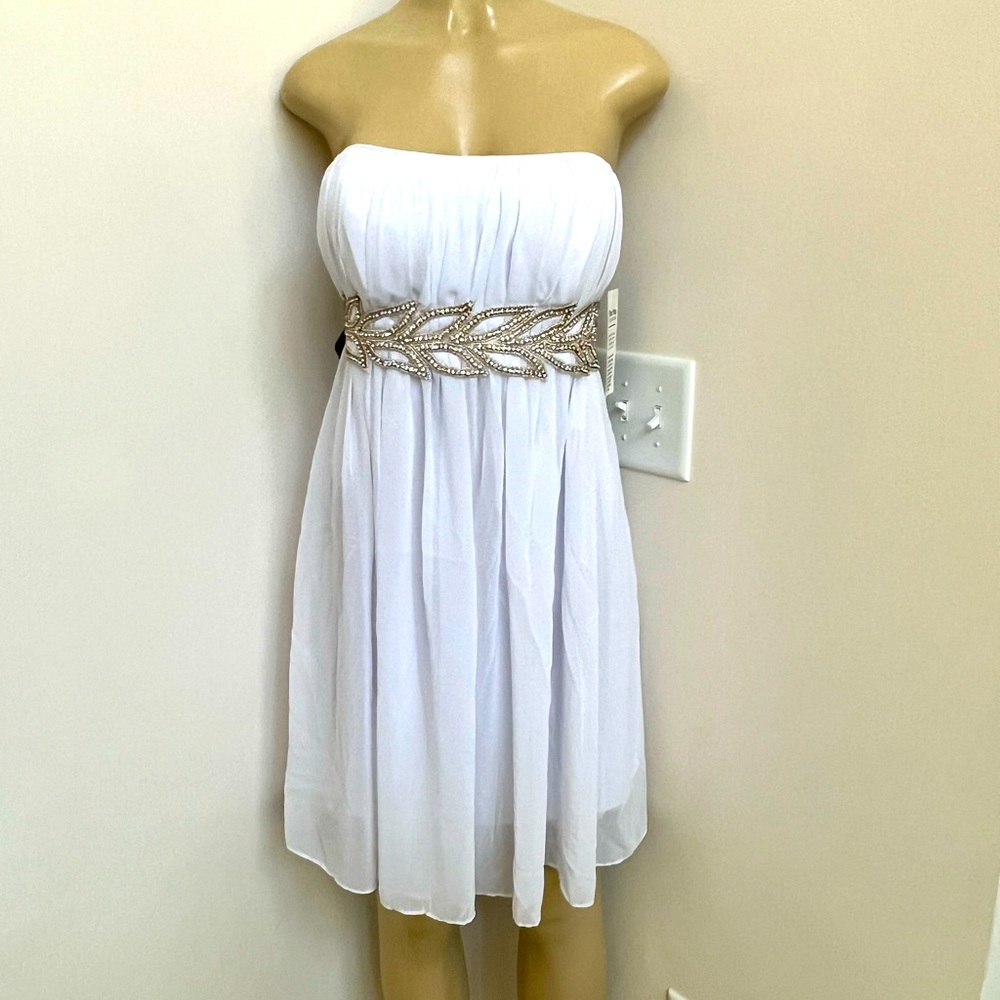 Juno white strapless bling waist chiffon dress